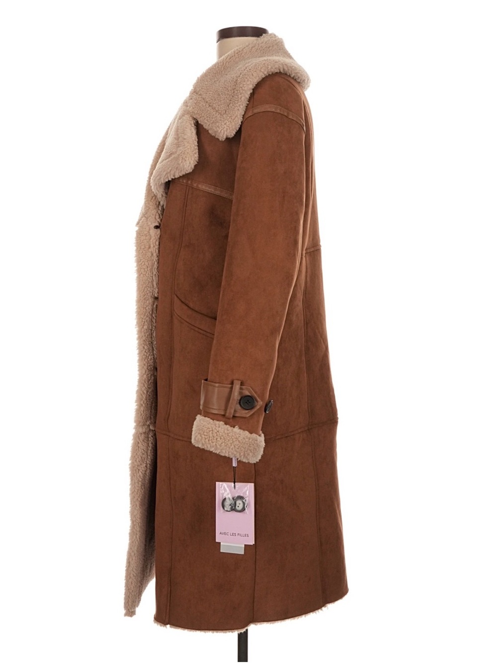 Anthropologie Avec Les Filles Brown Faux Shearling Trim Trench Coat Medium - Picture 6 of 12